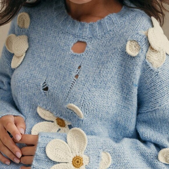 Blue Casual Women's Hand Crochet 3d Floral Decor Soft Round Neck Knitted Sweater - Picture 2 of 8